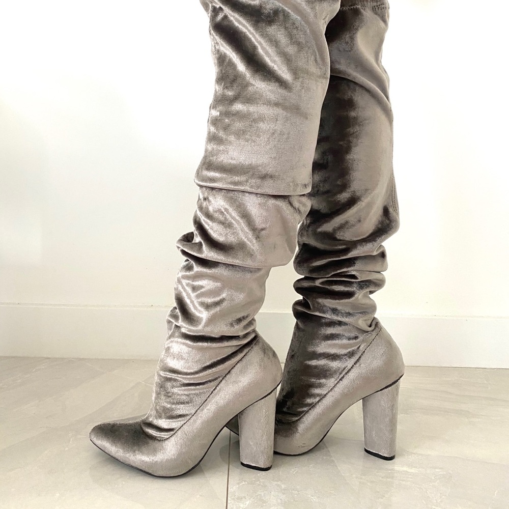 Silver Velvet Knee High Heel Boots US Size 8